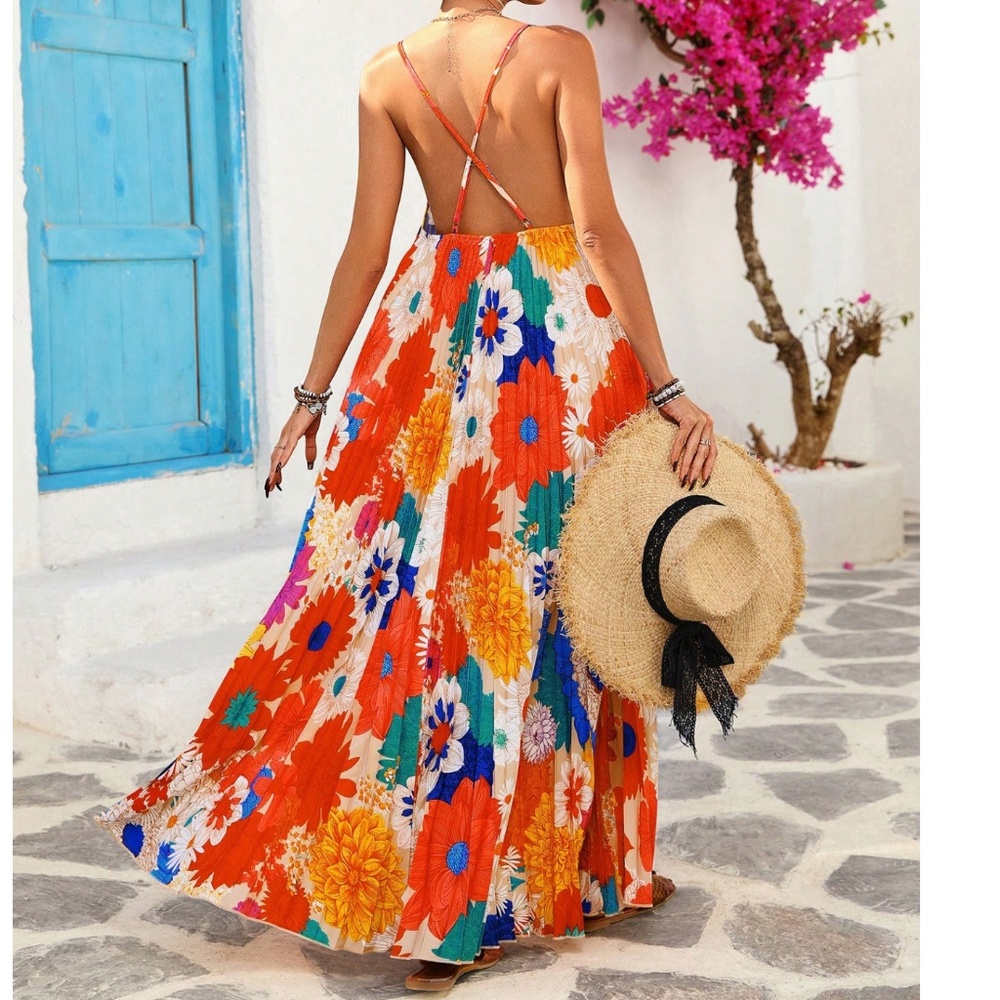 Boho Floral Print Criss Cross Pleated Flowy Cami Maxi Dress